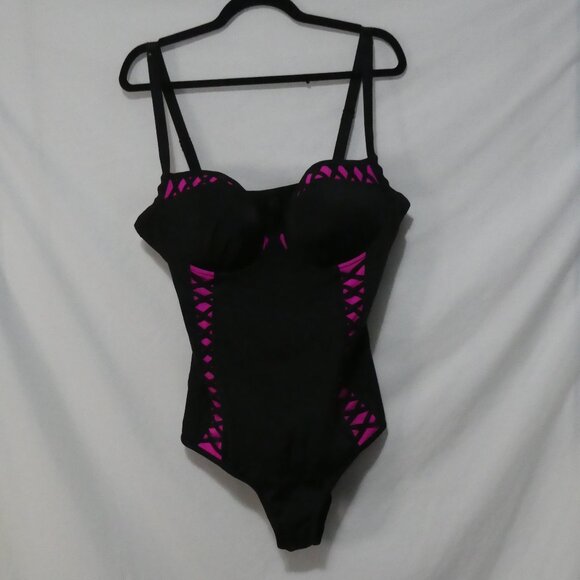 TORRID | size 2 | Black & Pink Lattice Peekaboo Push Up Demi Swimsuit One Piece - Picture 1 of 14